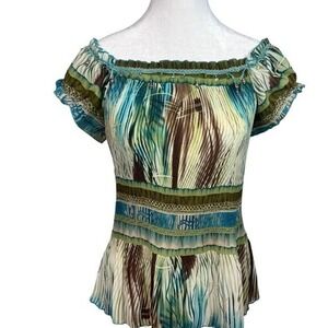 JK Dressbarn Off-Shoulder Green Blue Brown Blouse Size Medium Details On Neck